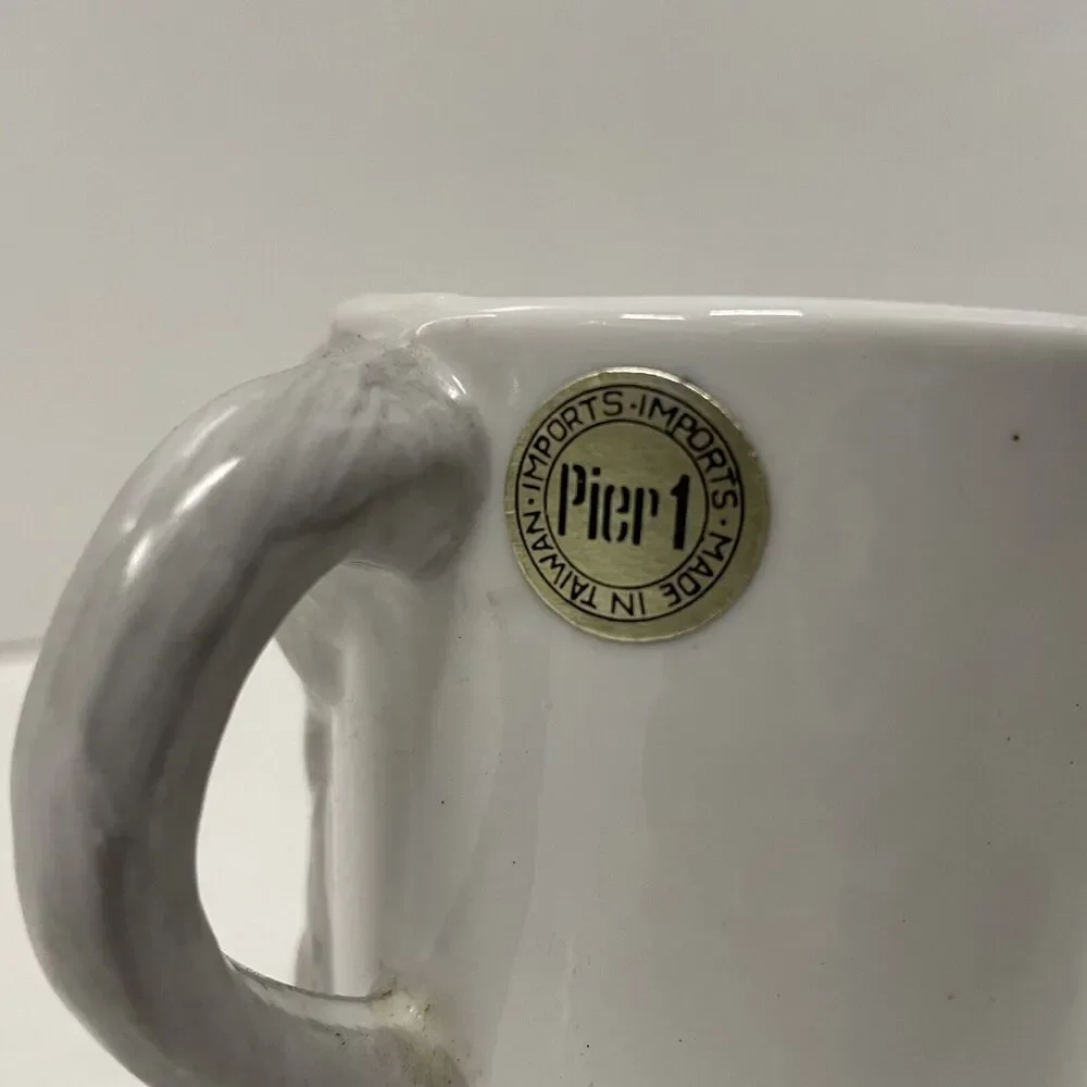 Vintage Pier 1 Imports Elephant Mug Asian Good Luck White Trunk Handle Ceramic